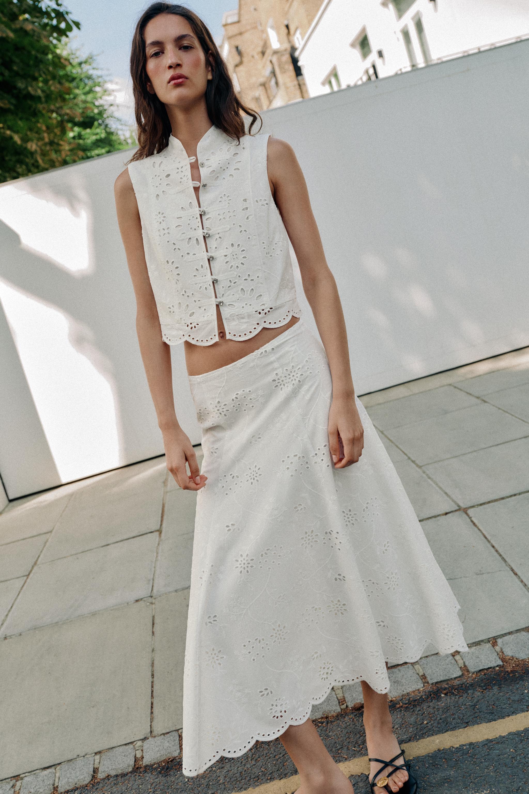 EMBROIDERED EYELET MIDI SKIRT